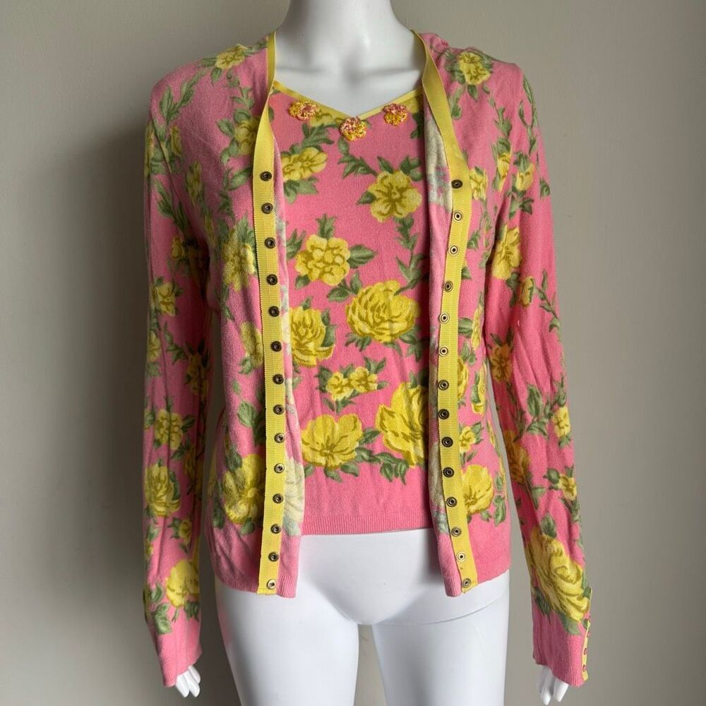 Vintage Blumarine Pink & Yellow Beaded Floral Cardigan Twin Set Made In Italy